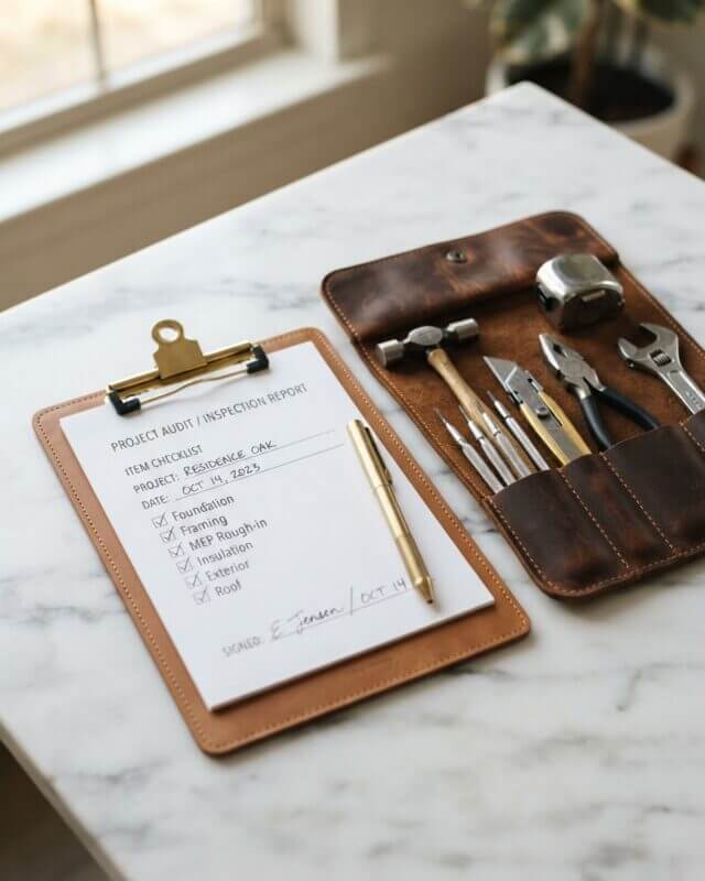 Inspection checklist and organized professional tools on marble