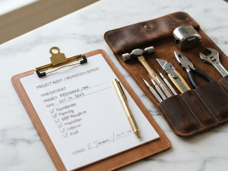 Inspection checklist and organized professional tools on marble