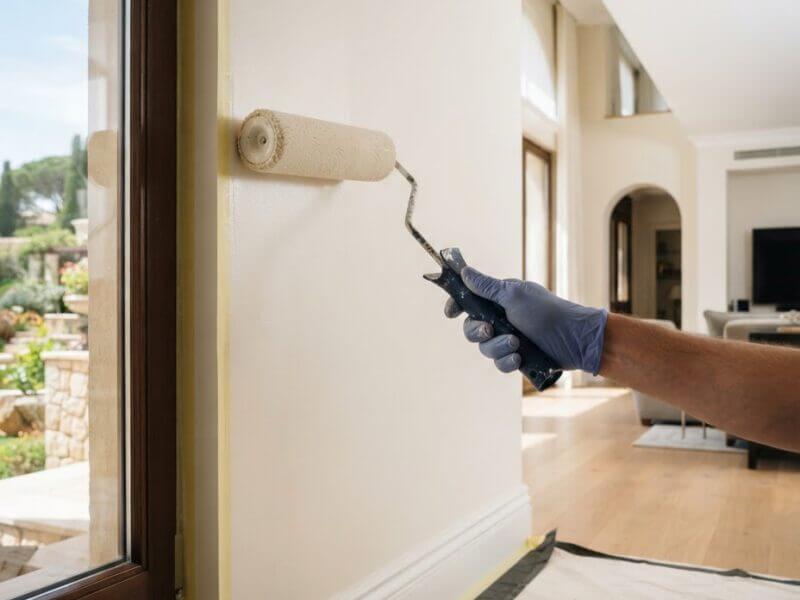 Interior painting in progress in a Dubai villa with protected floors