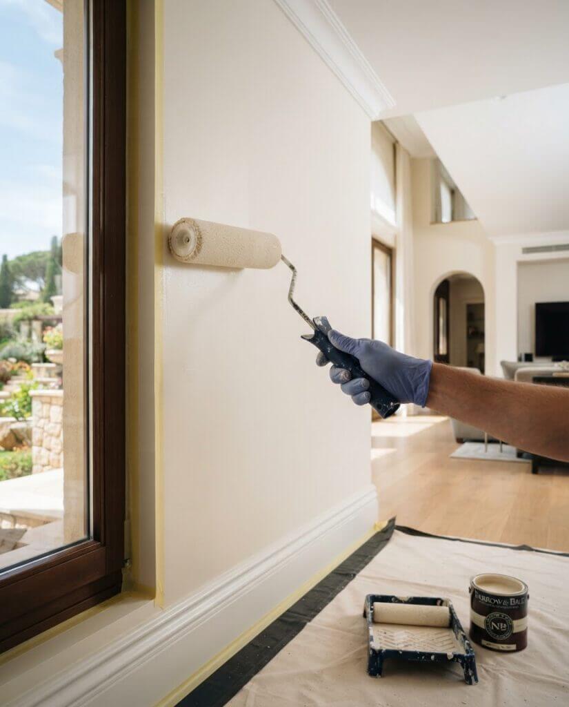Interior painting in progress in a Dubai villa with protected floors
