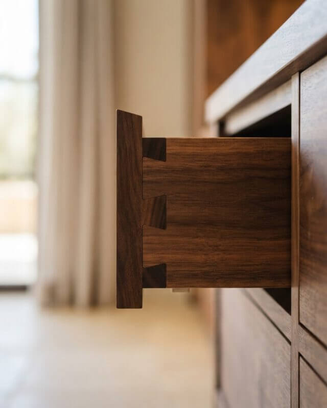 Precise walnut joinery detail of custom cabinetry