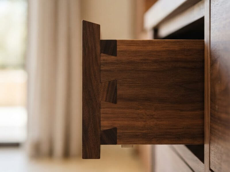 Precise walnut joinery detail of custom cabinetry