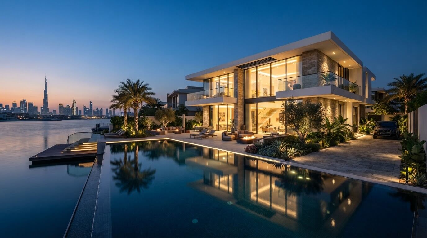 Modern luxury Dubai villa exterior at twilight with manicured landscape lighting