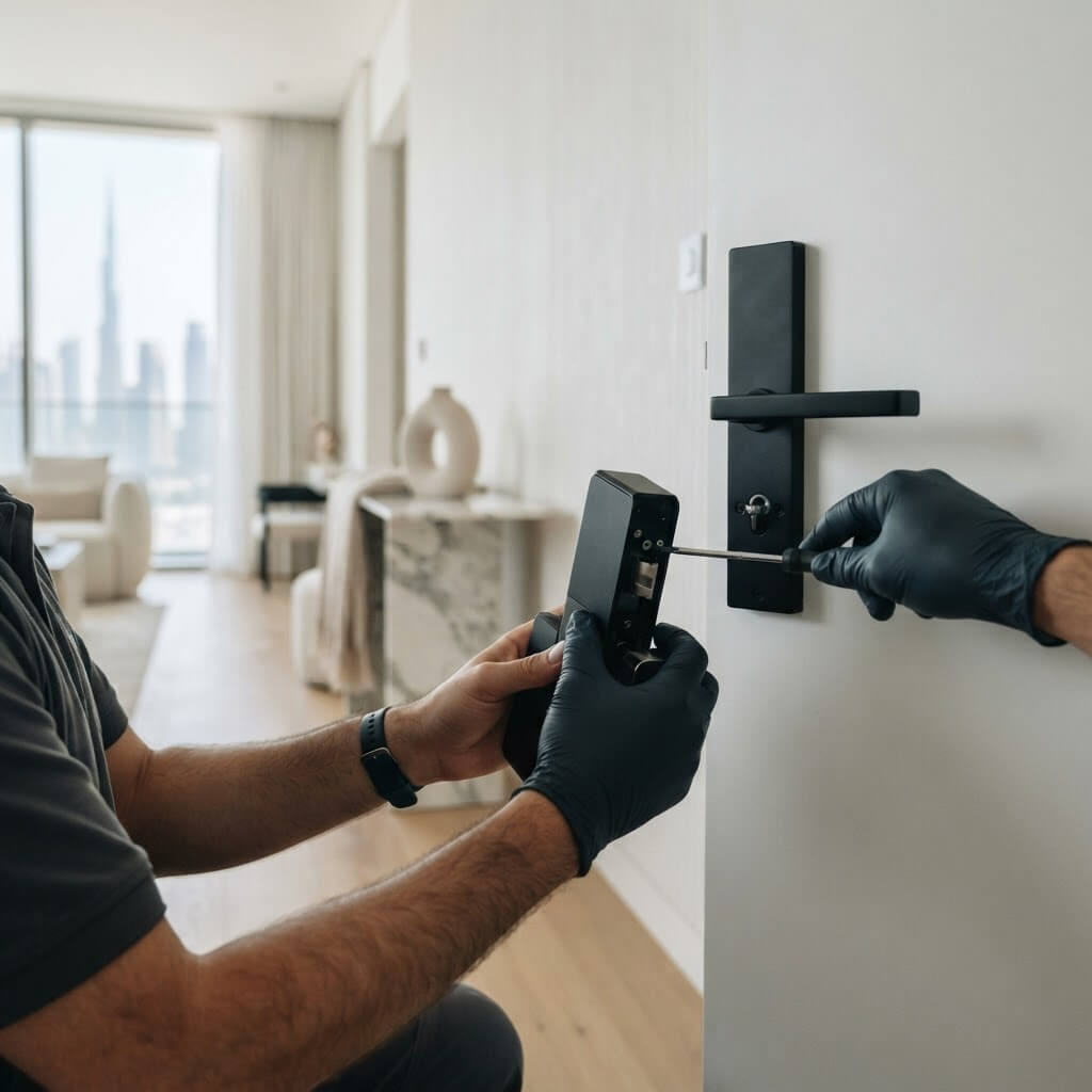 Technician repairing a door lock in a premium Dubai home