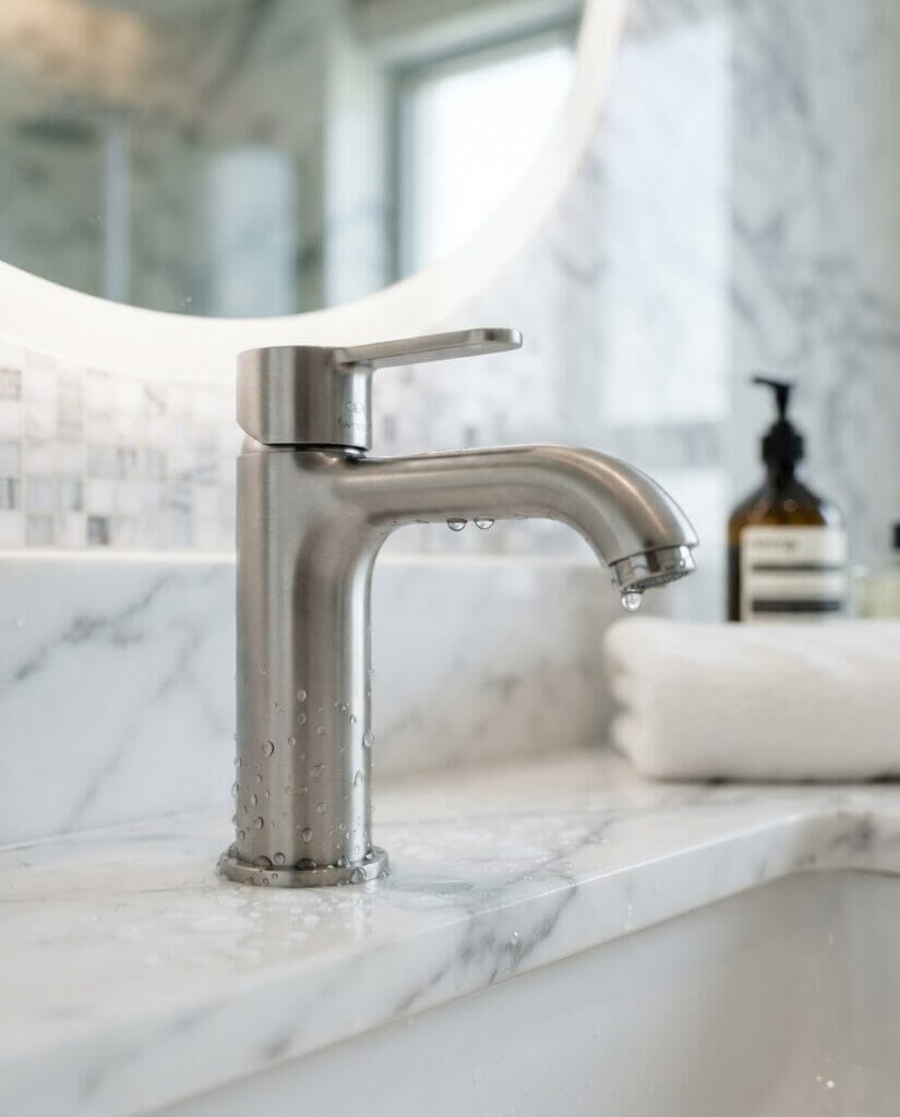 Bathroom mixer and marble surface in a Dubai Marina apartment