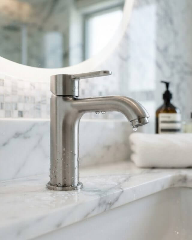 Brushed chrome designer faucet on white marble