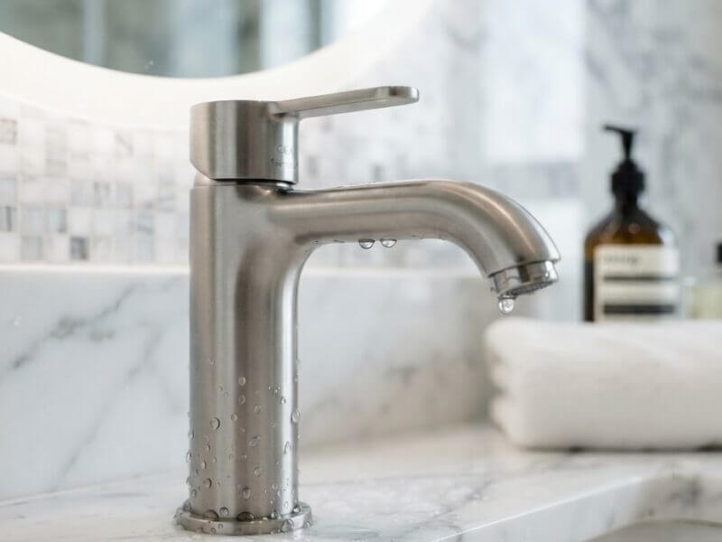 Brushed chrome designer faucet on white marble