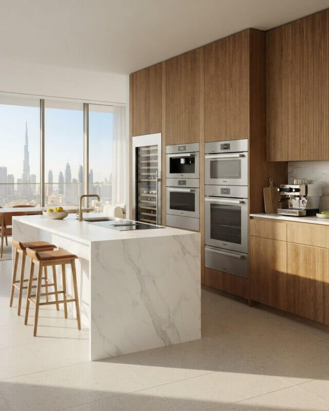 Built-in premium appliances in a minimalist luxury kitchen