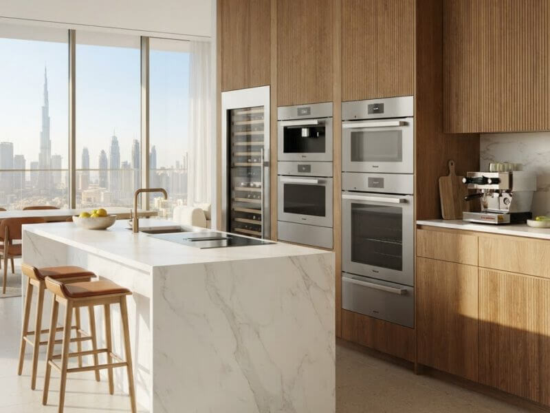 Built-in premium appliances in a minimalist luxury kitchen