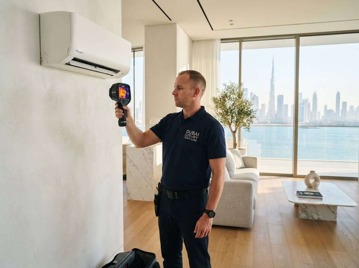 Quick Fix Force specialist inspecting an air-conditioning unit inside a luxury Dubai villa